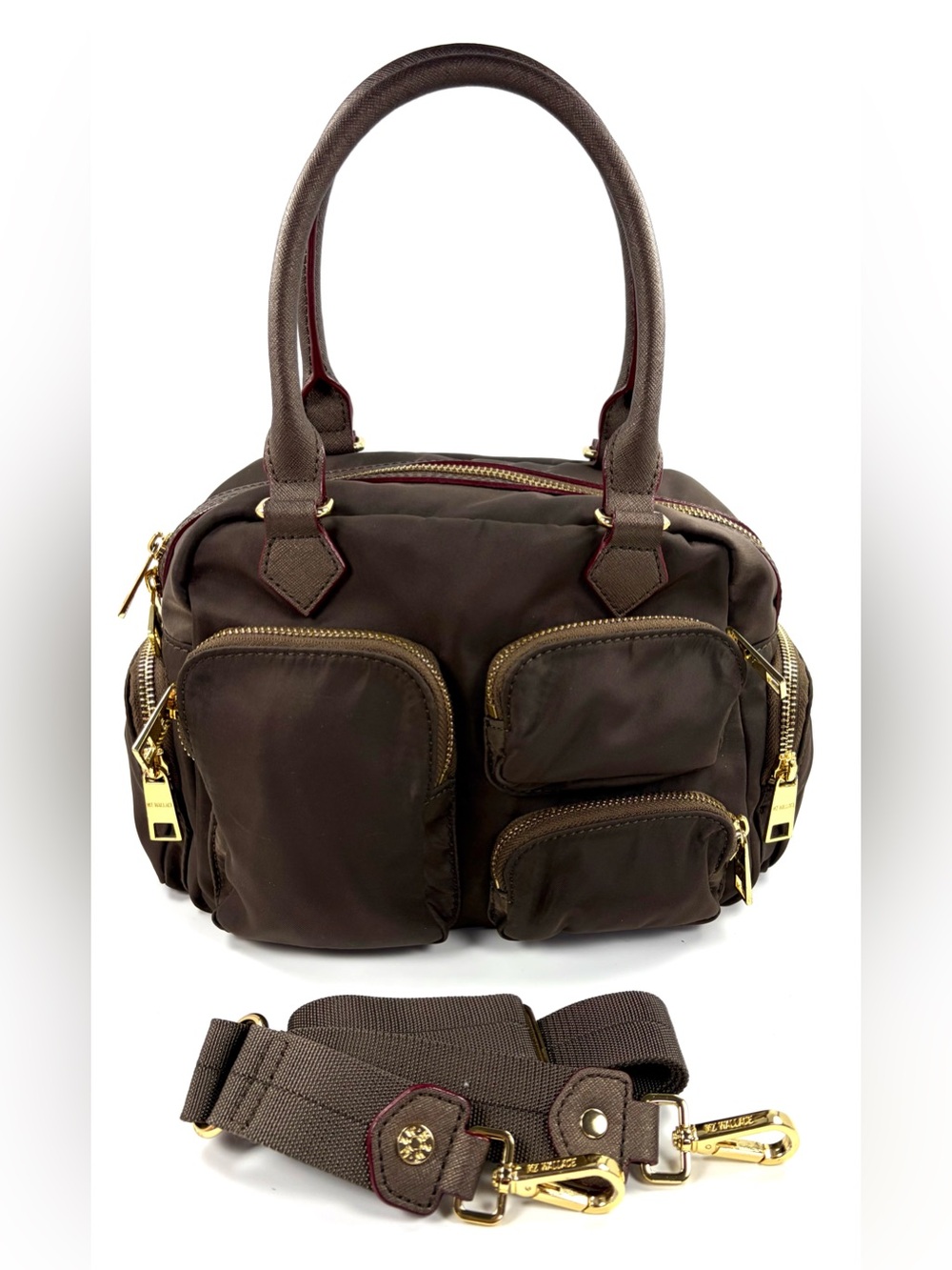 MZ Wallace Kara Satchel Clove Brown Nylon Gold Hardware Crossbody Shoulder Bag